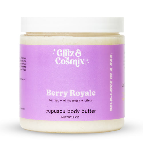 Berry Royale cupuacu body butter, solid whipped texture in jar